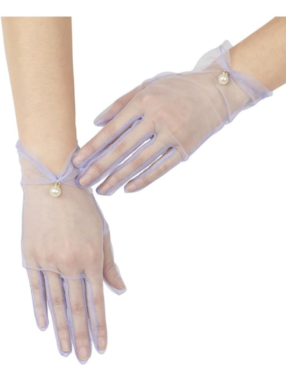Women's Lavender Short Pearl 1920s Formal Bridal Wedding Wrist Tulle Gloves